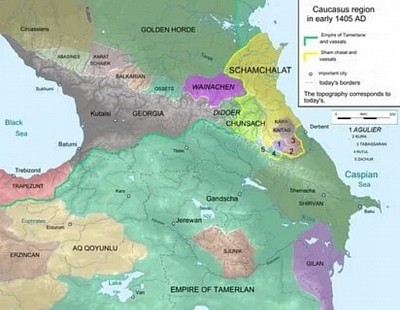 Карта Кавказа 15 века. Желтым цветом нарисована территория Шамхалат